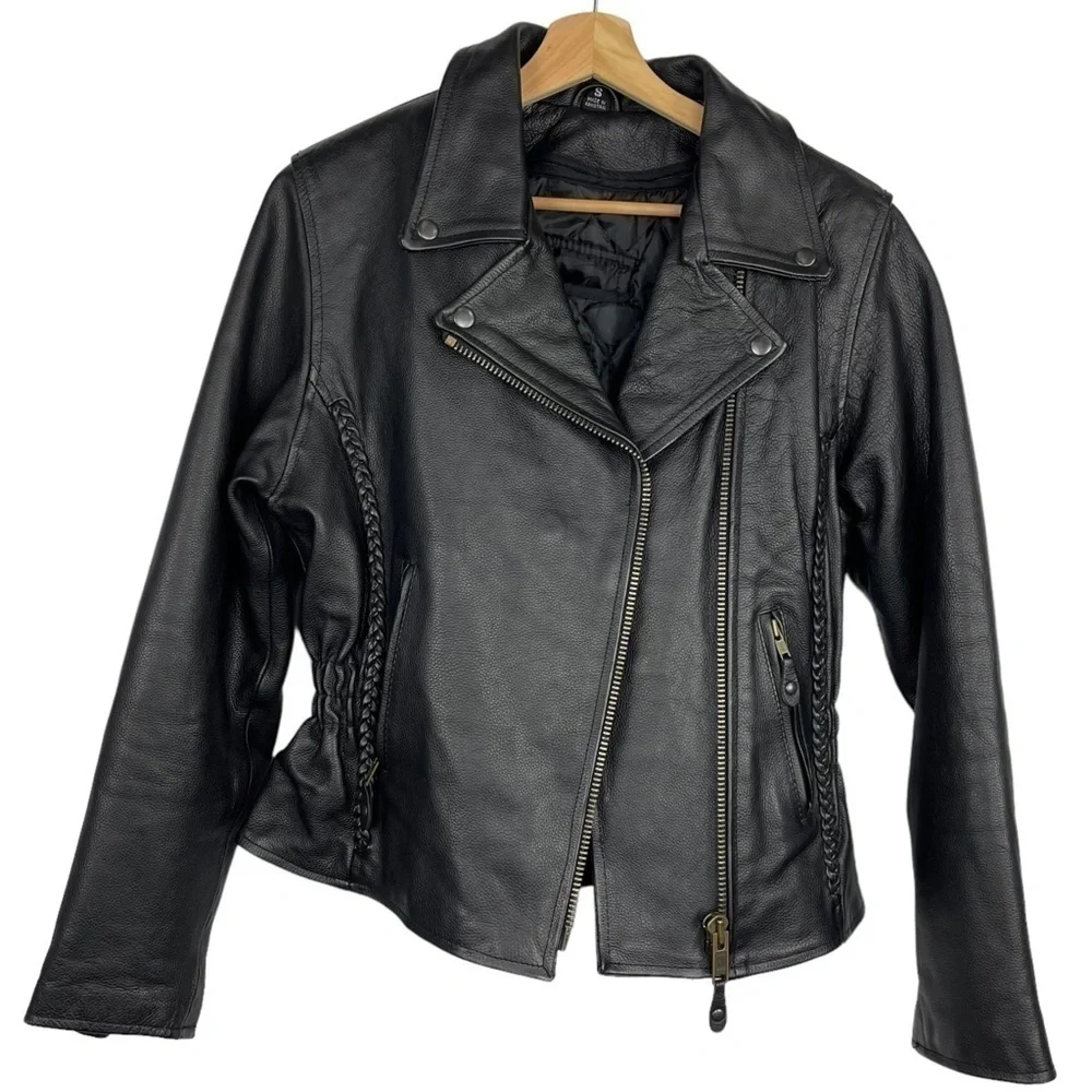 BIKERS DREAM APPAREL HEAVY LEATHER ZIP UP BRAIDED TRIM MOTORCYCLE MOTO JACKET